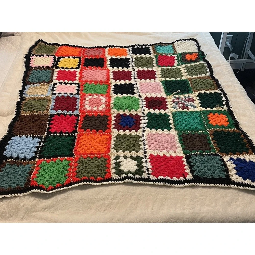 VTG Crochet Granny Square Black Multicolor Afghan Throw Blanket 49x43 Retro READ
